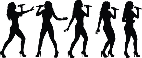 Female singer silhouettes set performing with microphone, dynamic stage poses and gestures, live music concert entertainment concept isolated black vector illustration