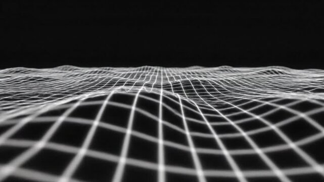  Futuristic abstract grid made of thin white lines, softly warping and shifting over black, high-contrast monochrome aesthetic, smooth continuous animation