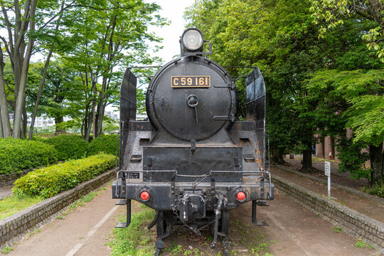 Old steam locomotive C59 161 in a Hiroshima city park