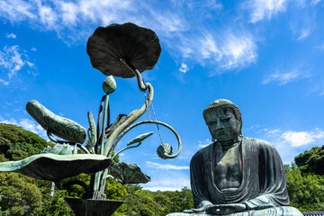 Great Buddha Daibutsu and lotus sculpture at Kotoku-in temple, Kamakura