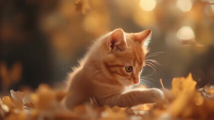 Orange kitten explores a carpet of autumn leaves under soft golden bokeh light. The young cat looks upward with curious expression and gentle whiskers. Cozy seasonal mood with shallow depth and warm t