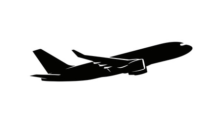 Dark Silhouette of a Commercial Passenger Airplane Flying on an Isolated White Background
