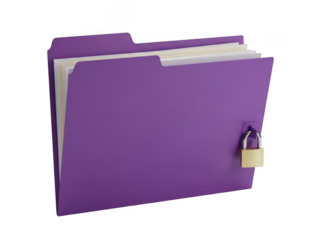Purple file folder with documents and padlock isolated on transparent background