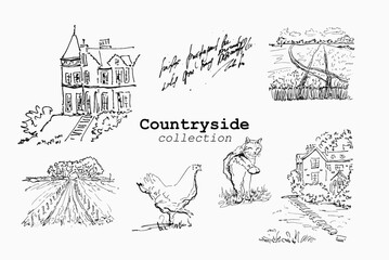 Rural farm life vector illustration set with vintage windmill and animals