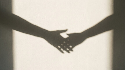 Sunlight dances on a wall, casting fleeting shadows of two hands reaching out, a gesture of connection, friendship, and delicate human contact during daytime.