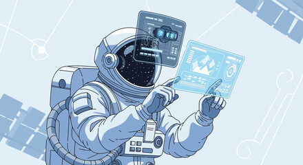 Astronaut operating futuristic holographic interfaces in deep space for exploration and research