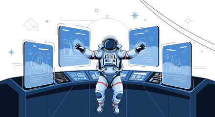 Astronaut operating advanced interfaces in futuristic spaceship command center illustration