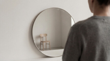 A person stands near a sleek, round mirror mounted on a stark white wall. The mirror reflects a simple wooden chair in a minimalist room, evoking serenity and contemplation.