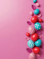 Colorful Easter eggs with leaves on pink background  