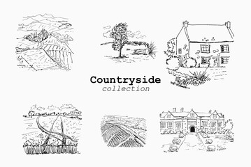 Scenic village views and old manor house collection for book illustrations