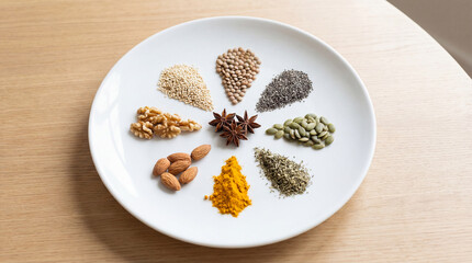 An array of healthy ingredients – seeds, nuts, and aromatic spices – are thoughtfully arranged in a circle on a clean, bright white plate, inviting culinary exploration.