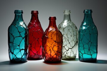 Array of colorful cracked glass bottles forming geometric patterns in a still life