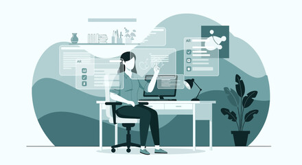 Augmented reality interface user at desk integrating digital content for future work