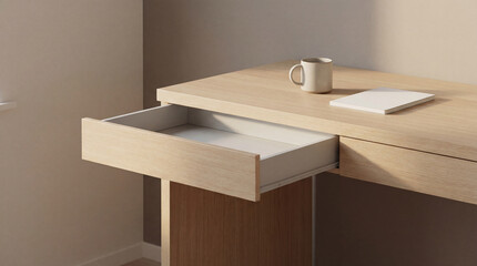 A light oak desk with a partially open drawer sits in a sun-drenched room. A ceramic mug and white notebook rest on the desk's surface.