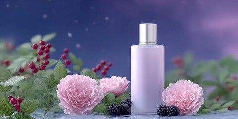 product photography, a bottle of shampoo in the middle, surrounded by pink roses and blackberries, against a purple sunset sky. the background is dark blue, with some red berries around.