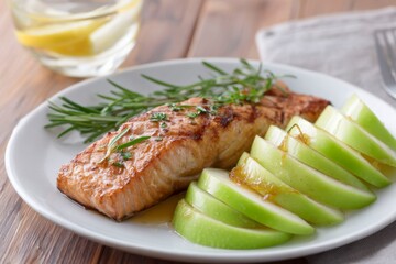 seared salmon in honey sauce with rosemary on a white plate, with sliced apples