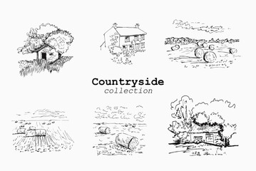 Countryside nature elements and rural huts set for greeting card design