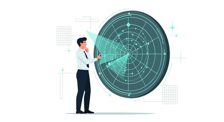 Business strategist analyzing advanced technology radar for future opportunities and predictions