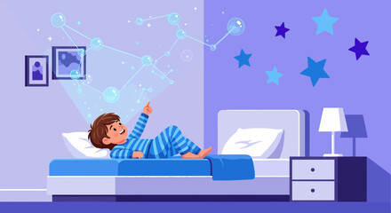 Boy's imagination turns his bedroom into a starry night adventure with celestial wonders