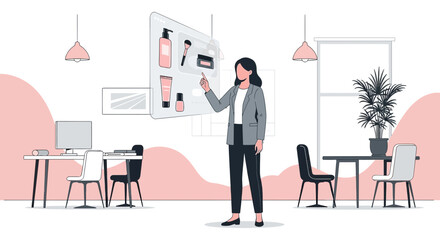 Businesswoman interact with augmented reality cosmetic product display in minimalist office