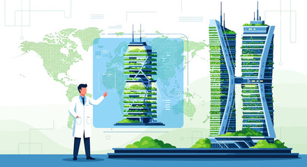 Conceptual vertical farm cityscape presented by a scientist innovating future food security