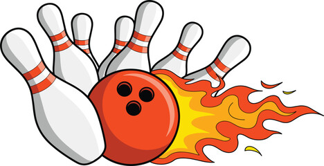 Bowling ball on fire hitting pins vector illustration, flaming strike for sports competition and leisure design © MdMajnur