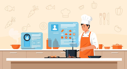 Culinary professional engaging online with recipe database and cooking in digital kitchen