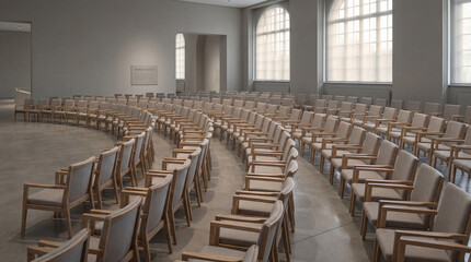 Fototapeta premium Rows of unoccupied wooden chairs form an almost perfect circle, bathed in soft light streaming from arched windows at the Hirschhorn Museum in Washington, D.C.