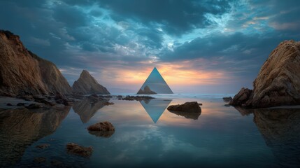 Ethereal coastal landscape with vibrant blue skies and majestic ocean reflections at sunset