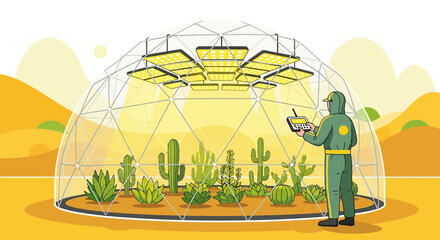 Desert horticulture inside geodesic dome with artificial lighting and remote control system for