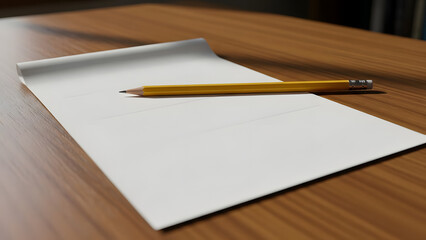 A pristine blank sheet of white paper lies on a warm wooden desk, accompanied by a sharp yellow pencil, poised for new ideas, creative tasks, or academic work