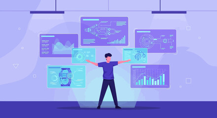 Digital futurist managing complex data streams via interactive hologram interfaces in a modern