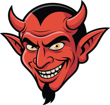 Red devil head mascot vector illustration, scary satan character with horns for halloween and hell design