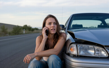 A stressed woman is calling about an accident car. Claim insurance accident, recovery service.
