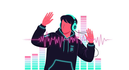 Energetic music lover immersed in audio, surrounded by vibrant equalizer visuals and rhythms