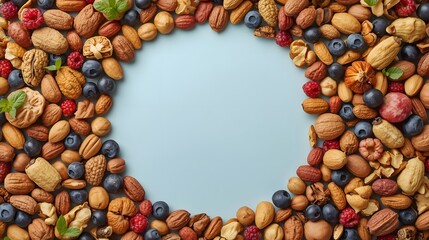 Nutty Circle of Goodness: An eye-level, close-up shot of a circle-shaped arrangement of assorted nuts and berries, with a blank center, inviting the viewer's gaze into a world of natural bounty. 