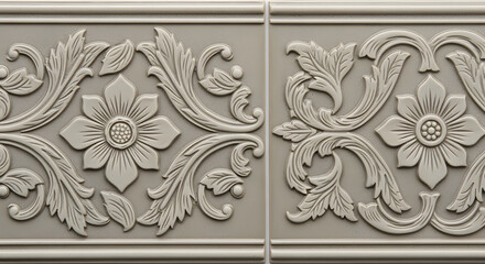 Close-up of ornate floral molding detail in a symmetrical repeating pattern, displaying intricate leaf and flower designs