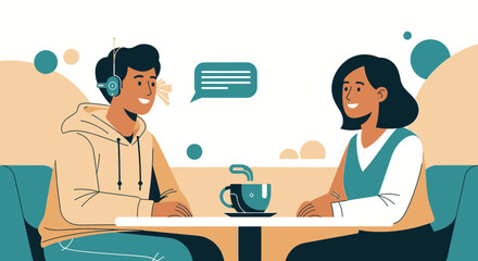 Engaging conversation between a man with headphones and a woman over coffee at a caf&eacute; table