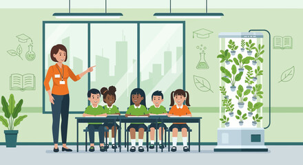 Engaging classroom learning environment featuring modern vertical gardening systems to promote