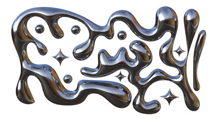 3D Chrome Liquid Abstract Shapes with Metallic Fluid Forms and Star Spark Elements Futuristic...