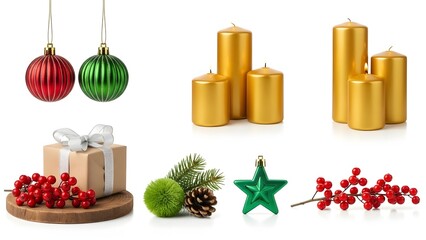 Christmas Decorations with Candles and Ornaments on White Background