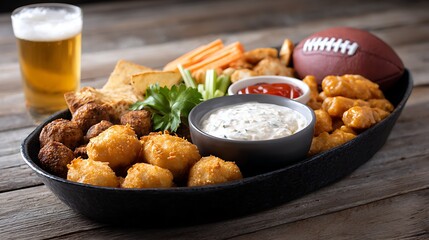 Table full of delicious snack for football game watching party for fans. Super Bowl, game day snacks