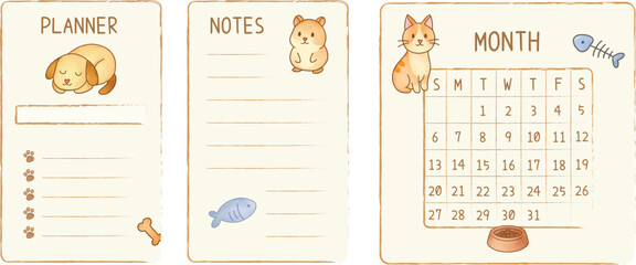 Cute planner, journal, diary template in cute pet theme watercolor vector doodle isolated. Sweet monthly notes and memo whimsical style with dog, cat, and hamster