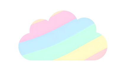 A pastel rainbow cloud with diagonal stripes in soft pink, blue, green, and yellow on a white background, a whimsical graphic design element.