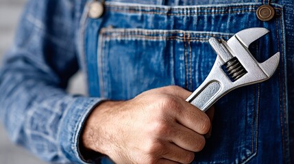 Handyman holding a metal adjustable wrench against the chest pocket of blue denim overalls, representing manual labor, repair work, and maintenance services