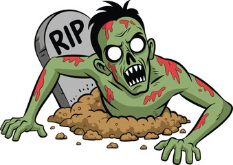 Obraz premium Scary zombie rising from grave vector illustration, undead creature and tombstone for Halloween horror party design