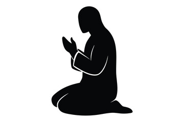 A person kneeling in prayer with hands clasped together in a simple black silhouette on white background with religion