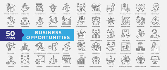 Business Opportunities icon collection set. Containing product development, innovation, investment, partnership, sustainability, market research, strategy and growth icon. Simple line vector.