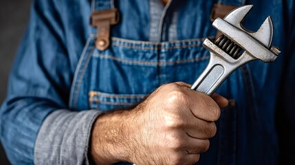 Skilled handyman wearing denim overalls holds a heavy duty adjustable wrench, symbolizing expertise in repair, maintenance, construction, and dependable home service