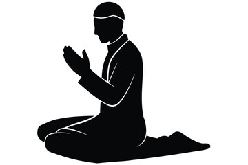 Man sitting in prayer position with hands together in front of him in black silhouette on white background with religion